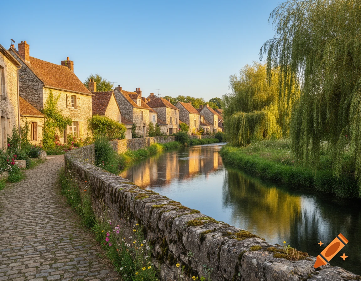 A picturesque European village street with stone houses and a cobbled path alongside a river, reflecting weeping willows under a clear sky.