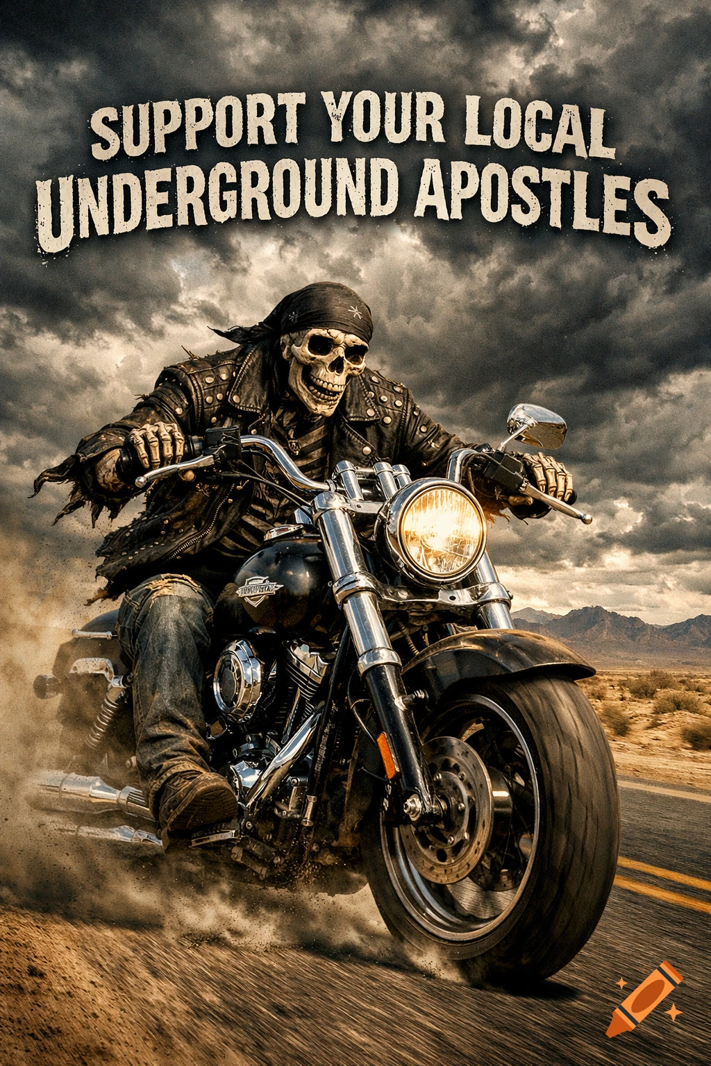 A photorealistic skeleton in biker gear rides a motorcycle kicking up dust on a desert road under stormy skies. Text: SUPPORT YOUR LOCAL UNDERGROUND APOSTLES.