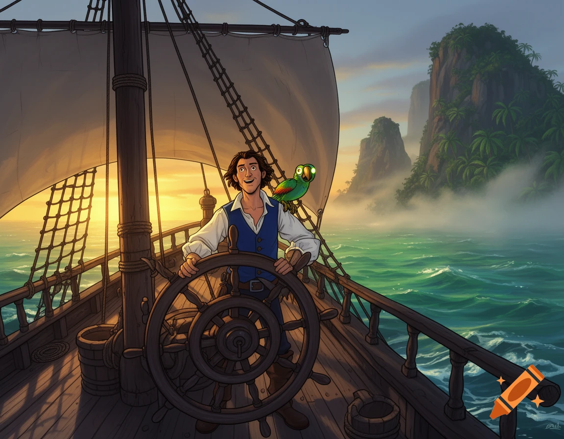Cartoon illustration of a smiling pirate with a parrot on his shoulder, steering a ship past tropical islands at sunset.