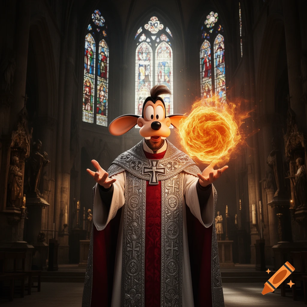 Goofy's head on a robed priest holding a fiery orb in a grand, stained-glass church.