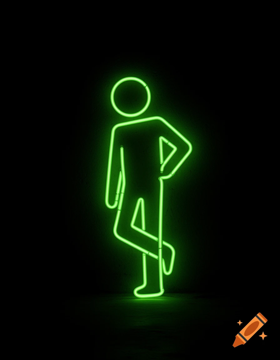 A neon green stick figure of a man loitering against a black background.