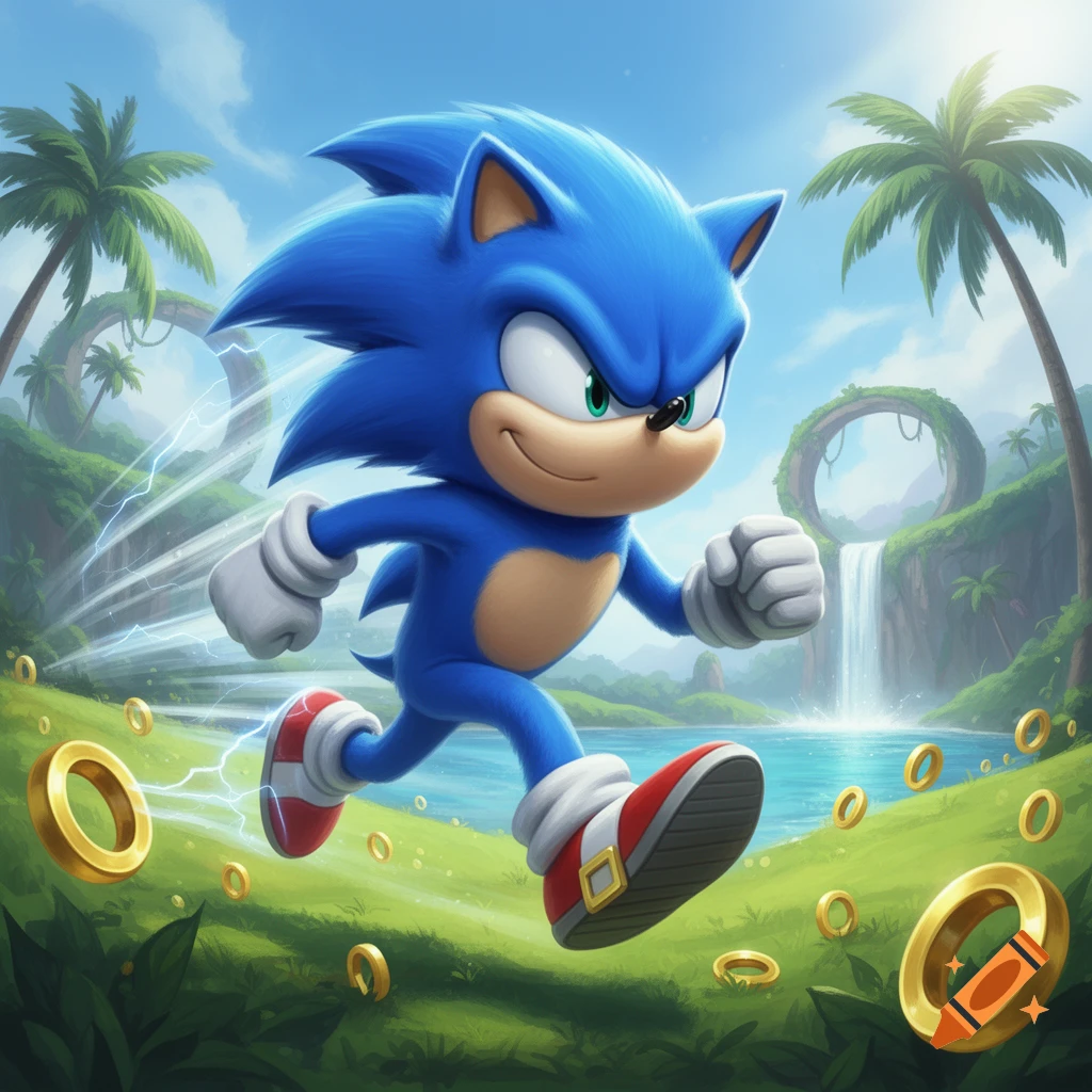A vibrant cartoon illustration shows Sonic the Hedgehog running at super speed through a lush green landscape with golden rings, palm trees, and a waterfall under a blue sky.