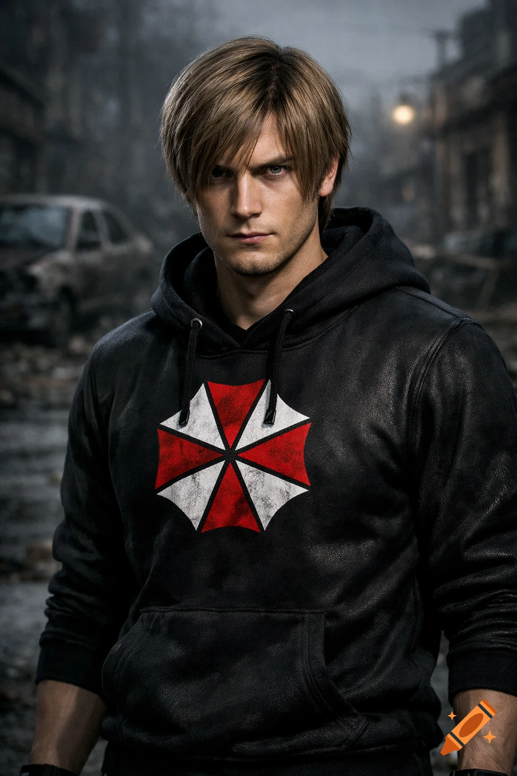 Photorealistic portrait of Leon Kennedy from Resident Evil 4 in a black hoodie with Umbrella logo, in a gloomy urban setting.