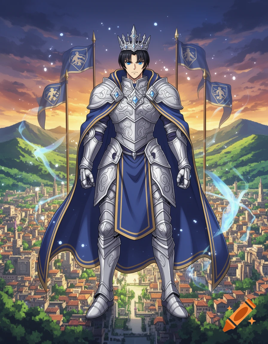An anime-style king in shining silver armor and a blue cape stands above a sprawling fantasy city at sunset, with flags bearing a crest.