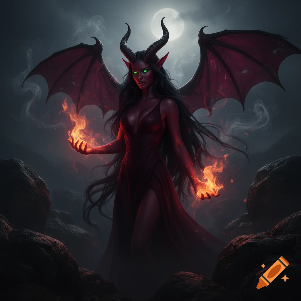 A red-skinned female demon with long dark hair, horns, and bat wings, conjuring fire in her hands under a full moon in a dark, rocky landscape.