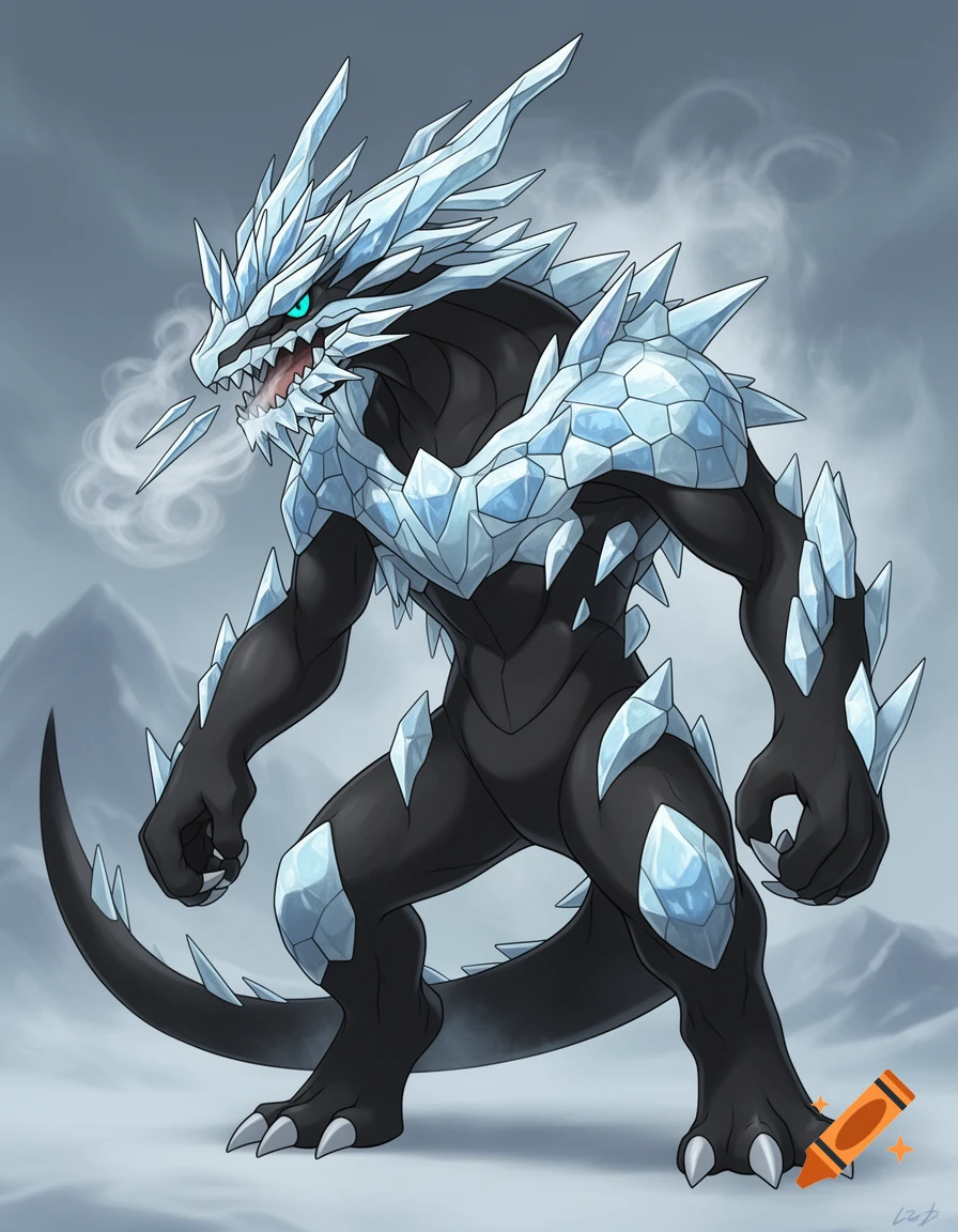 A black bipedal ice dragon Pokémon with glowing cyan eyes and light blue crystal armor, exhaling frost in a snowy landscape, Sugimori style.