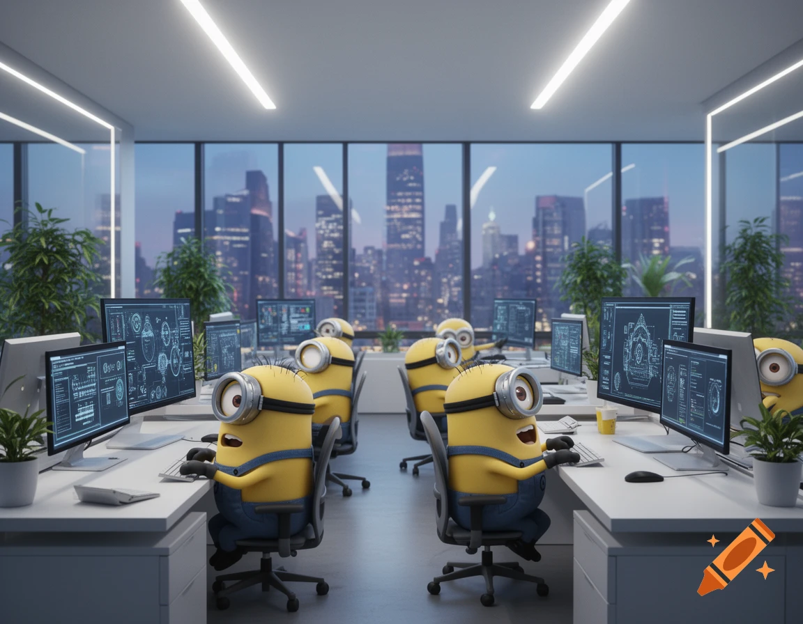 Cartoon Minions in an office working at computers with a city skyline visible through large windows at dusk.