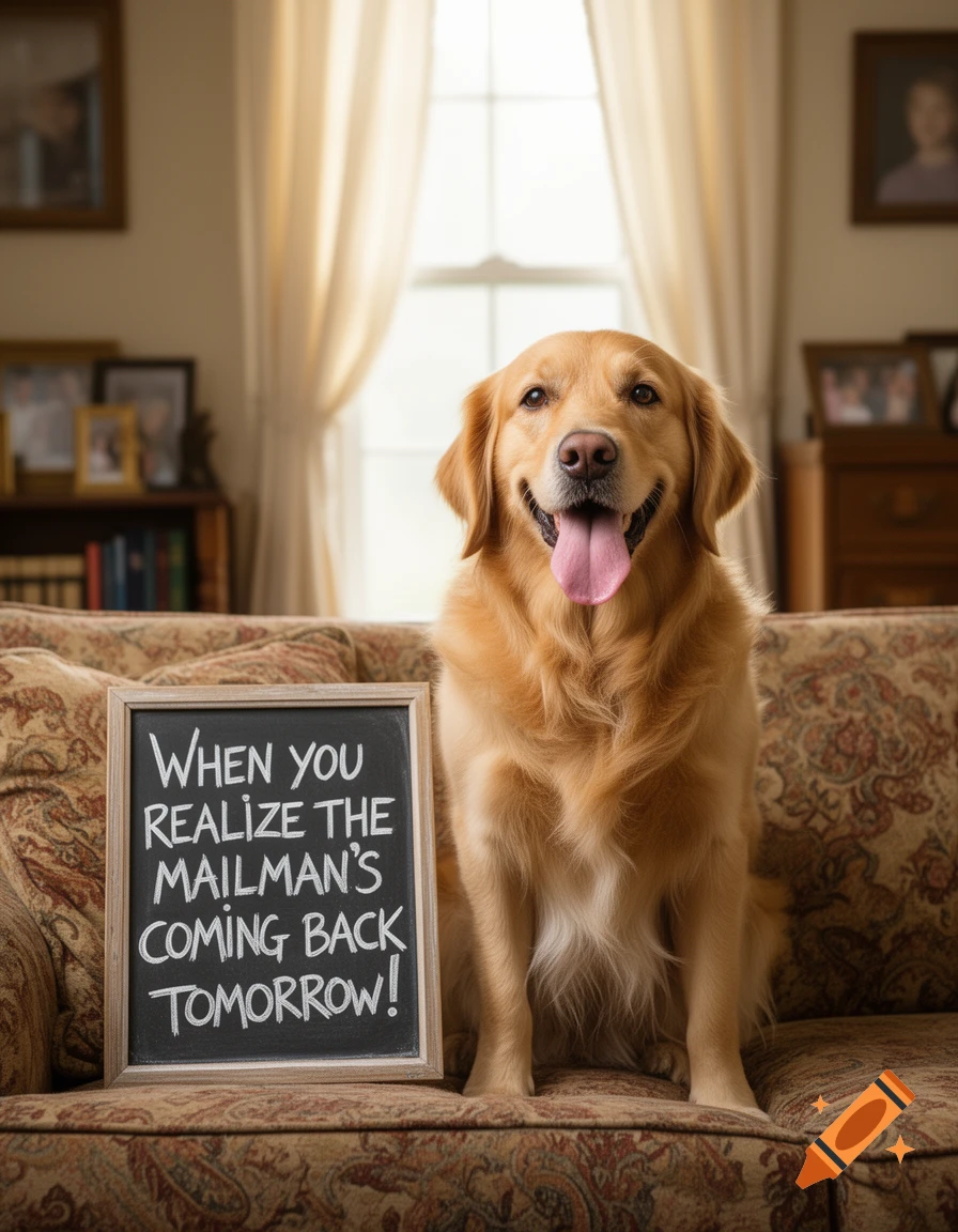 A happy golden retriever sits on a couch next to a chalkboard sign that reads 'When you realize the mailman's coming back tomorrow!' Photorealistic.