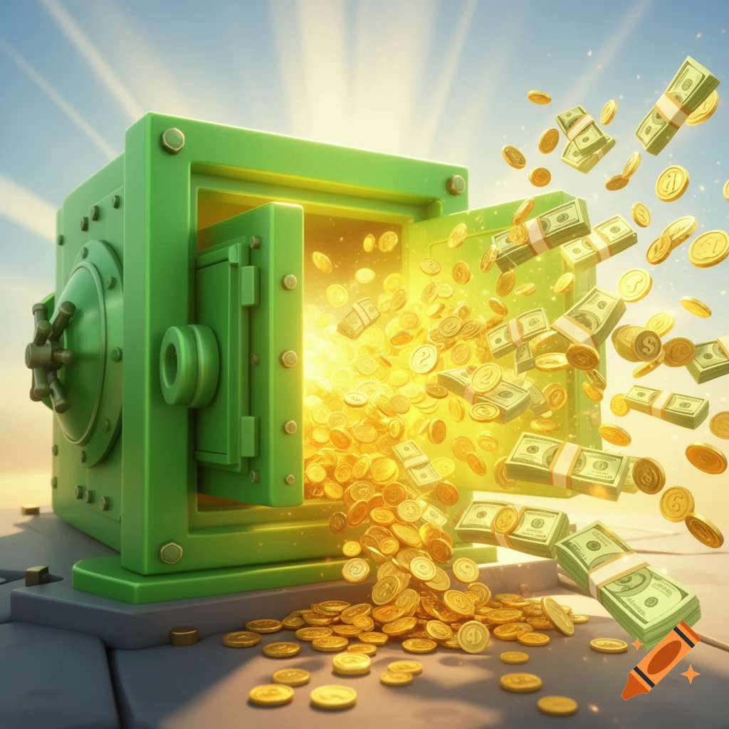 A vibrant 3D render of a glowing green money vault exploding with gold coins and cash under bright sunlight.