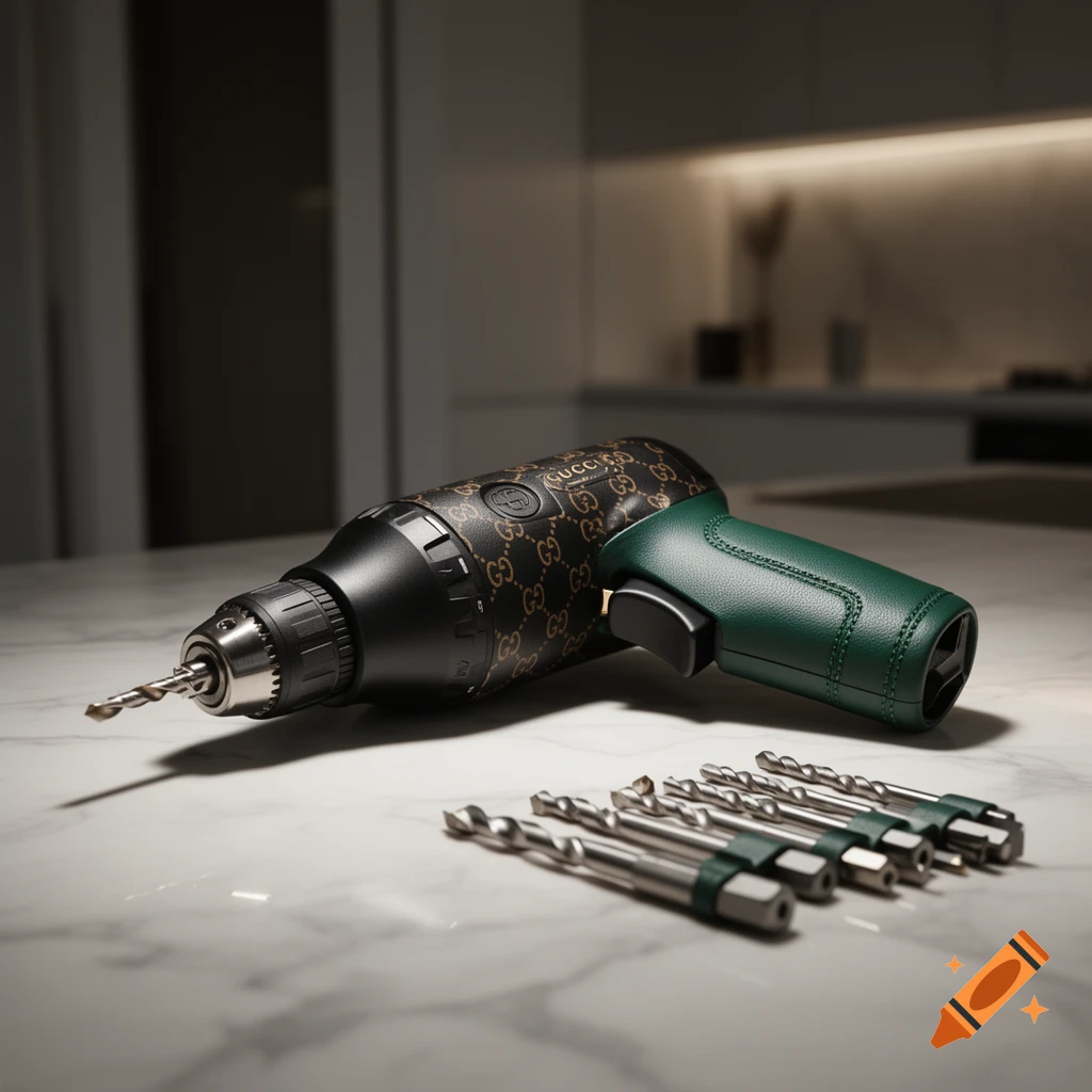 A black drill with a brown Gucci pattern and a green handle lies on a white marble counter, next to several drill bits. A dimly lit kitchen is in the background.