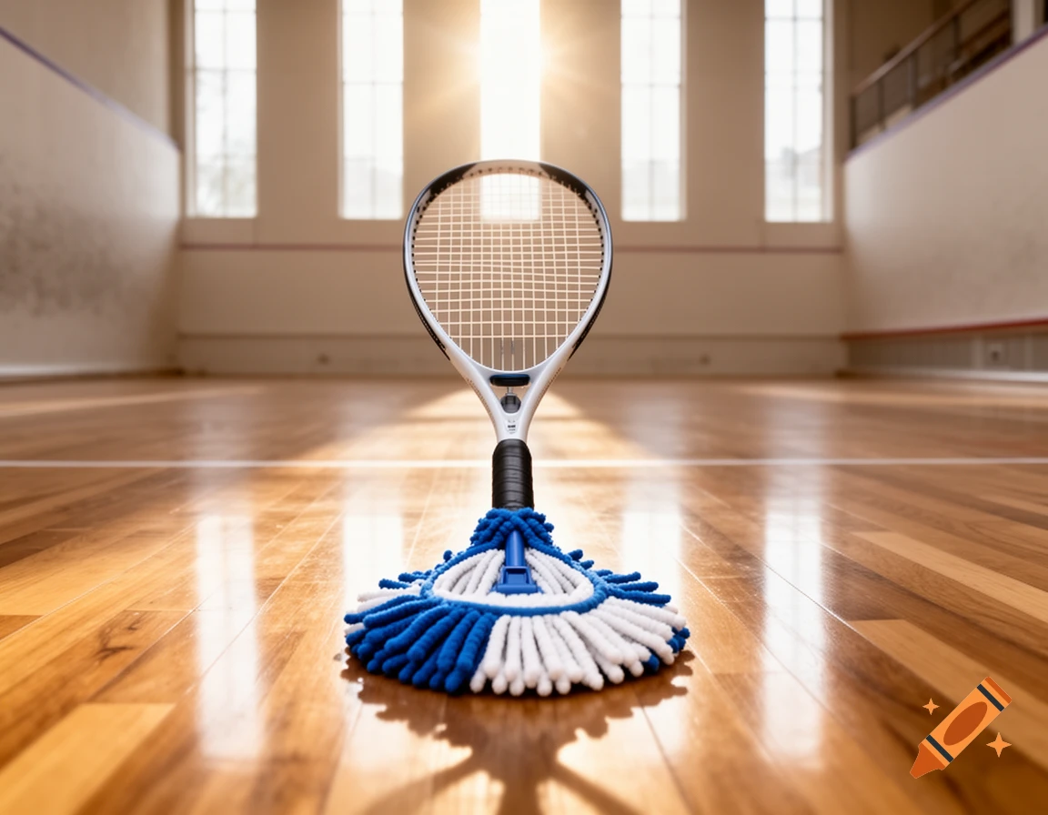 A squash racket with a blue and white mop head base stands upright on a shiny wooden court floor, with sunlit windows in the background.
