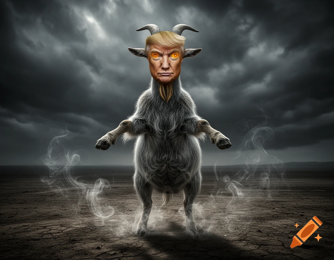 A demonic-looking goat with Donald Trump's face and glowing orange eyes stands on its hind legs in a desolate landscape under a stormy sky.