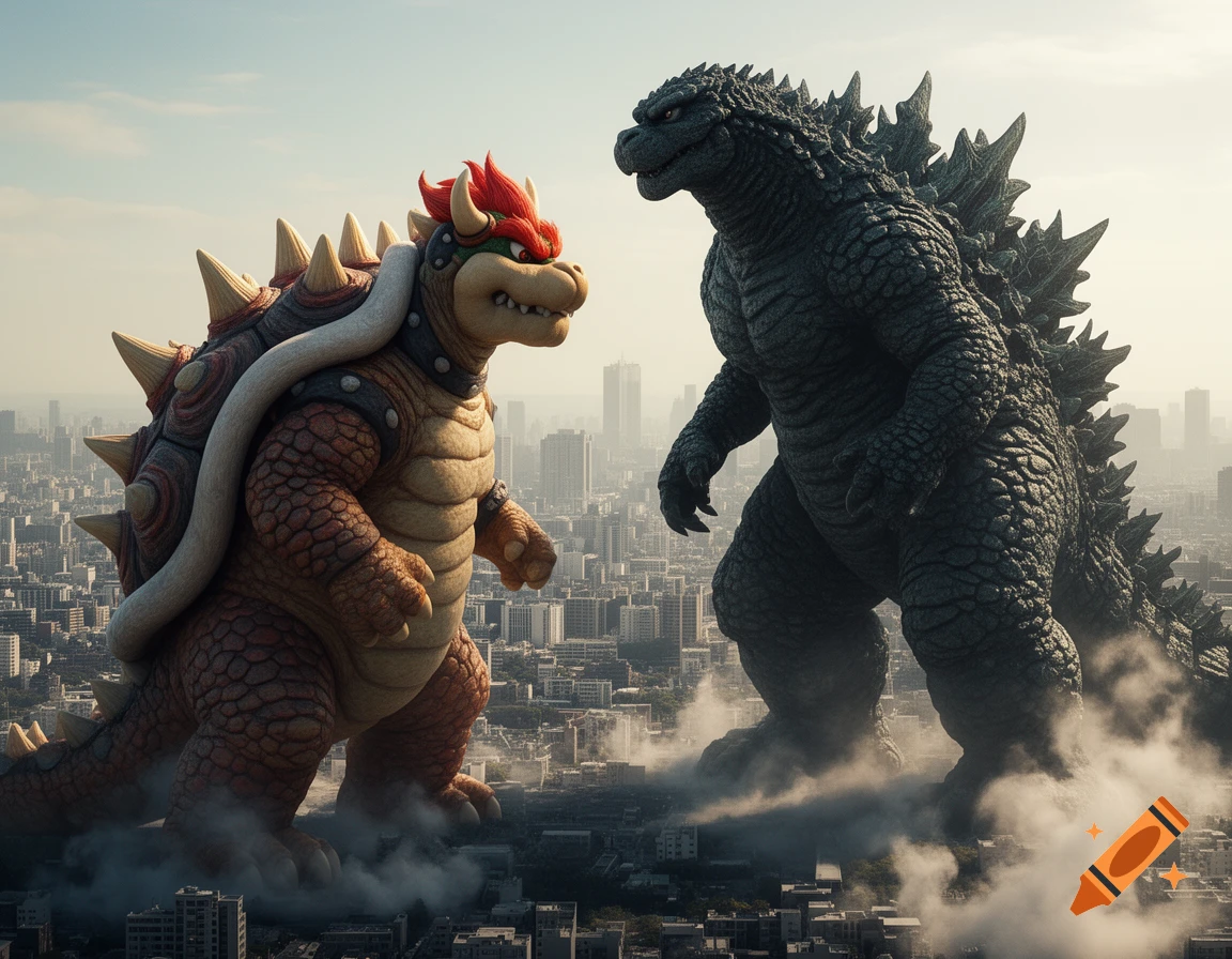 Giant photorealistic Bowser and Godzilla stand face-to-face in a city, surrounded by smoke and towering over buildings.