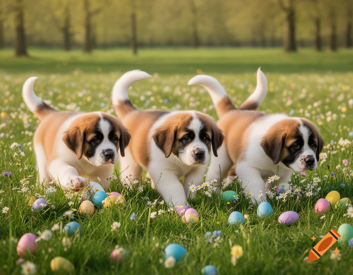 Three fluffy Saint Bernard puppies playing amongst colorful Easter eggs and white flowers in a sunny green meadow.