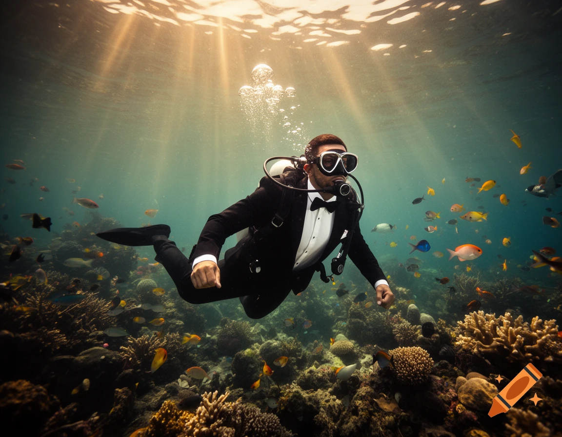 A man in a tuxedo and scuba gear swims underwater over a vibrant coral reef with colorful fish, with sun rays from the surface.