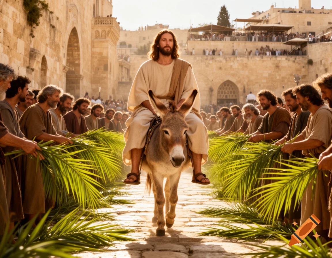 Photorealistic image of Jesus riding a donkey down a stone street, surrounded by people laying palm fronds before him.