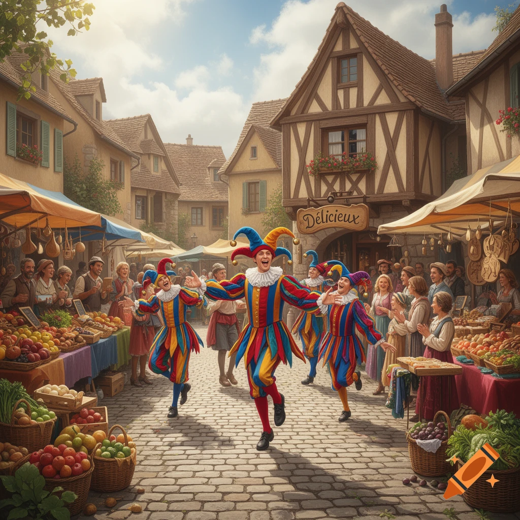 Jesters in colorful costumes dance joyfully through a bustling medieval European market street, surrounded by vendors and fresh produce under a sunny sky.