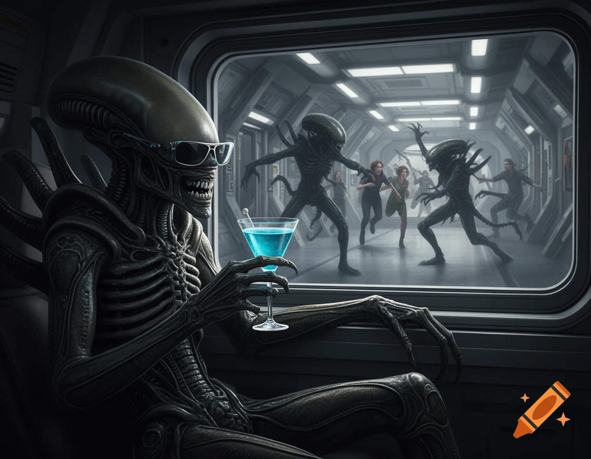 Photorealistic image of a sunglasses-wearing Xenomorph sipping a cocktail and watching other Xenomorphs chase humans through a window on a space station.