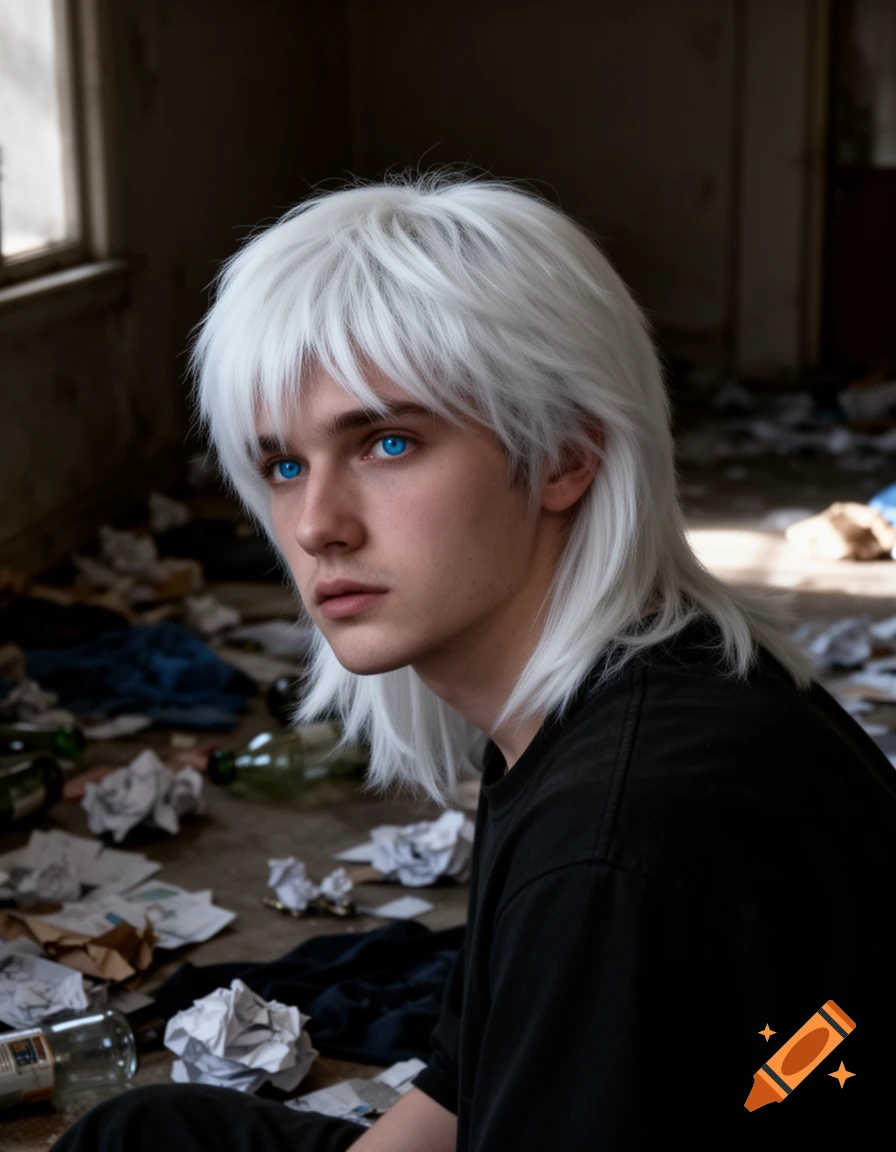 A photorealistic portrait of a young man with long white hair and striking blue eyes, looking off-camera in a dark, trash-filled room.