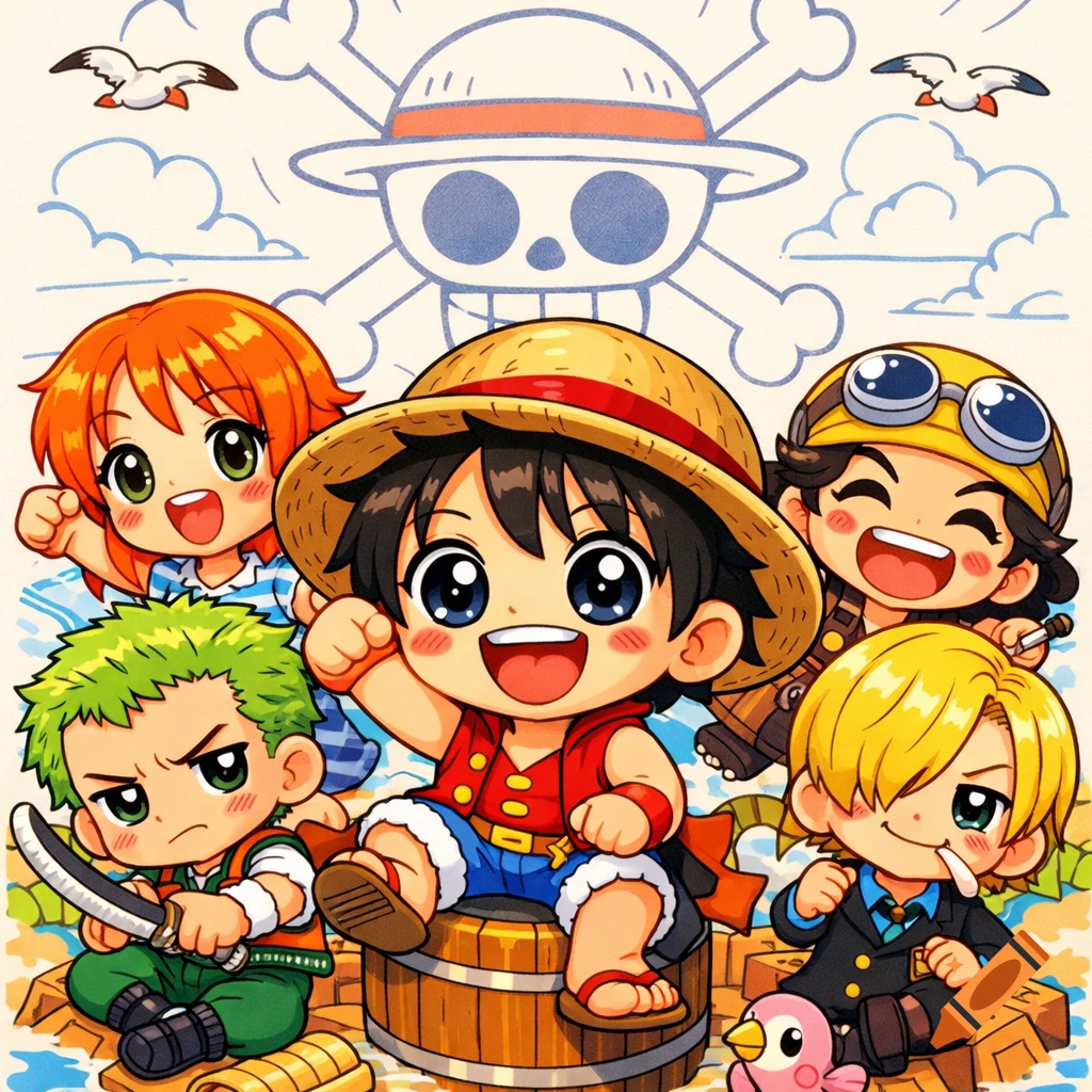 Chibi illustration of One Piece characters on a beach with the Straw Hat Jolly Roger.