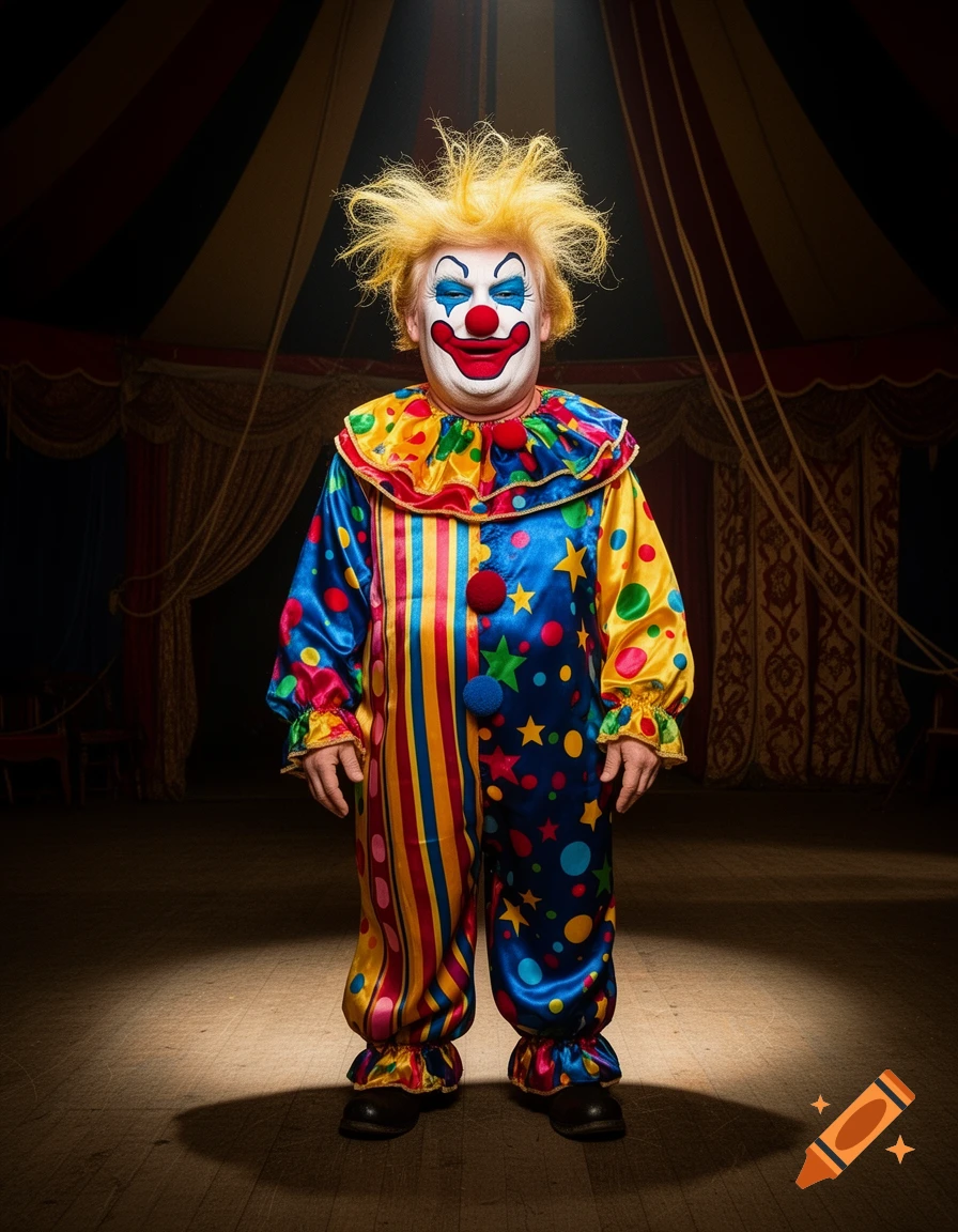 A clown in a colorful, polka-dotted and striped costume stands on a dark stage with a circus tent background.