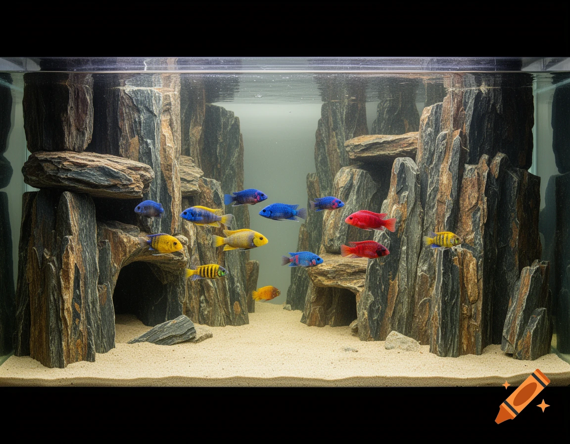 A vibrant photorealistic African cichlid aquarium with colorful fish swimming among densely stacked rocks and sandy substrate.