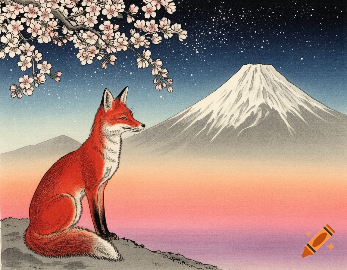 A red fox sits beneath cherry blossoms, gazing at Mount Fuji under a starry, sunset sky in Japanese print style.
