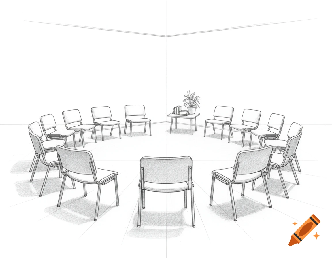 A pencil sketch of an empty group therapy room with chairs arranged in a circle around a small table with a plant and books.