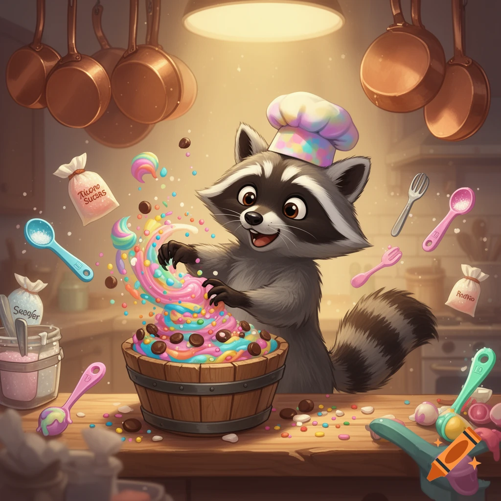 Happy cartoon raccoon chef mixing colorful candy and sprinkles in a wooden bowl in a bright kitchen.