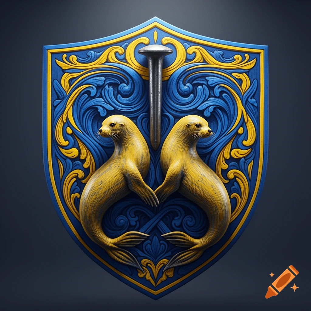 A blue and yellow shield-shaped coat of arms featuring two symmetrical yellow seals and a metallic nail in a carved, ornate style.