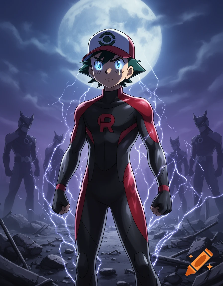 Ash Ketchum in a black and red Team Rocket suit, with glowing blue eyes, stands under a full moon with lightning, surrounded by shadowy figures.