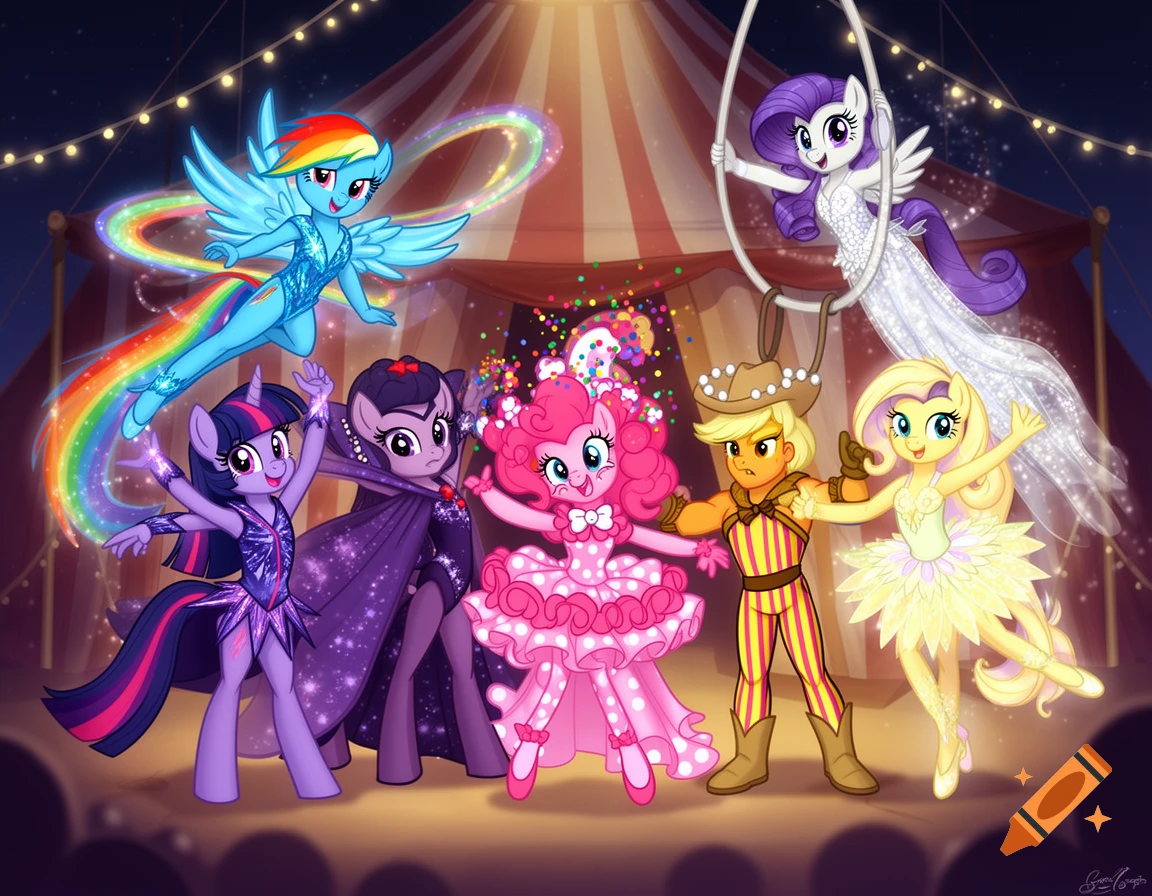 Six My Little Pony characters in colorful circus costumes performing under a big top, with Rainbow Dash flying and Rarity on a trapeze.