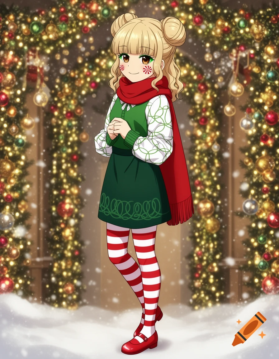 An anime girl in a green dress, red scarf, candy cane striped tights, and red shoes stands in a snowy Christmas setting.