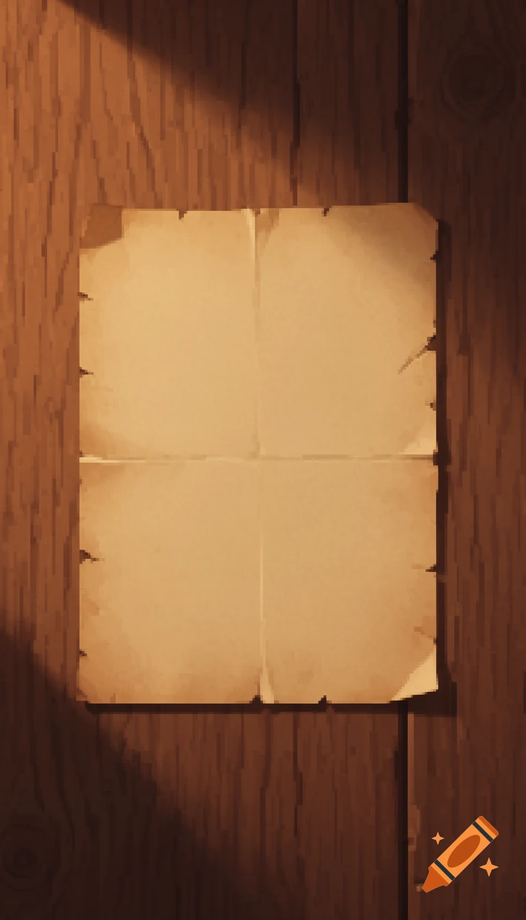Pixelated image of a blank, creased old light brown paper on a wooden table in medieval game style.