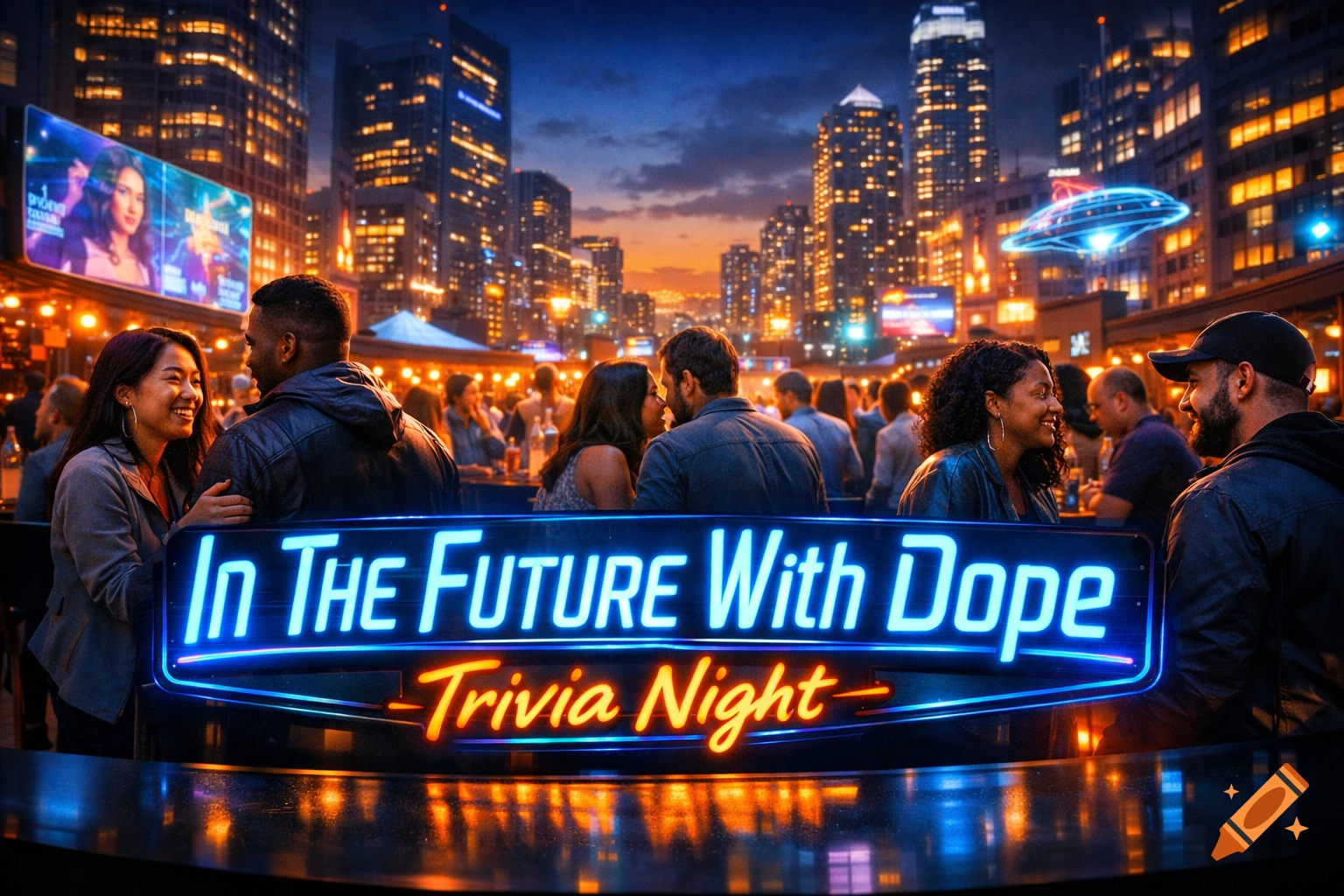 People socialize at night in a vibrant urban setting, featuring a glowing neon sign that reads 'In The Future With Dope Trivia Night' and distant city lights.