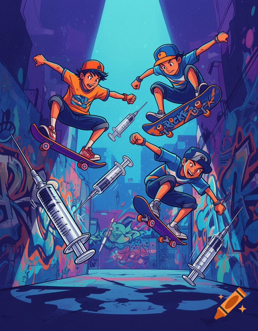 Three cartoon boys in an urban alley, dressed in skate attire, perform skateboard tricks amidst floating syringes and colorful graffiti.