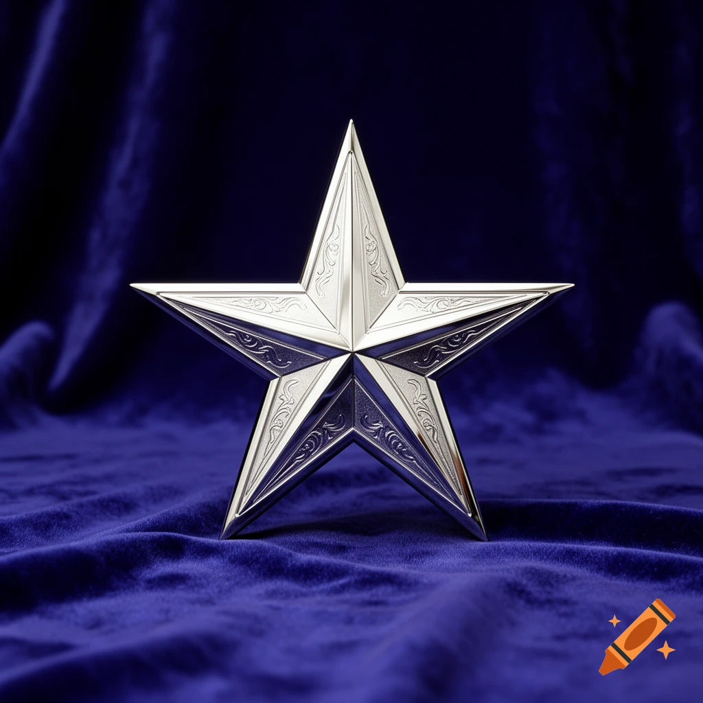 A shiny silver five-point star with intricate etched details rests on a textured dark blue velvet surface.