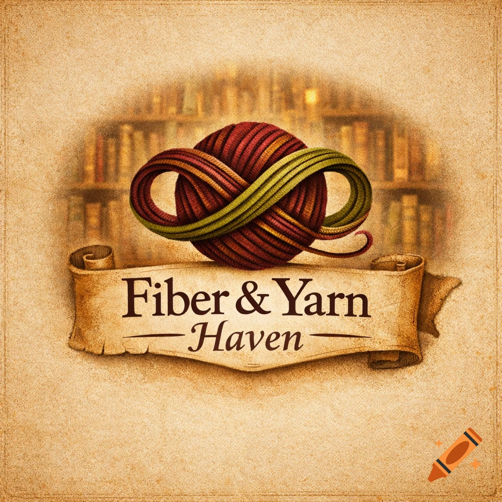 Illustrated logo with a ball of red and yellow yarn atop a scroll banner reading "Fiber & Yarn Haven", against blurred bookshelves.