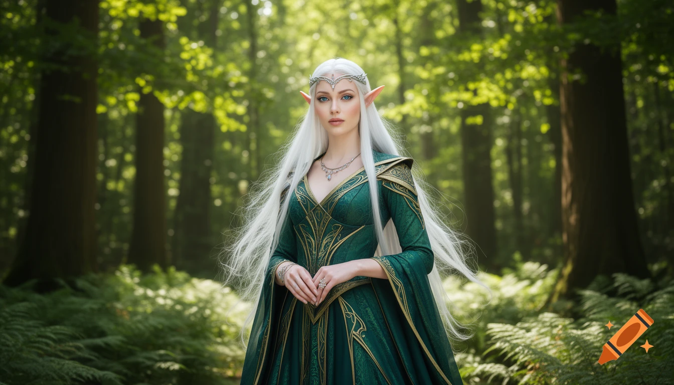 A regal elf woman with long white hair in an elaborate green and gold gown stands in a sunlit forest.