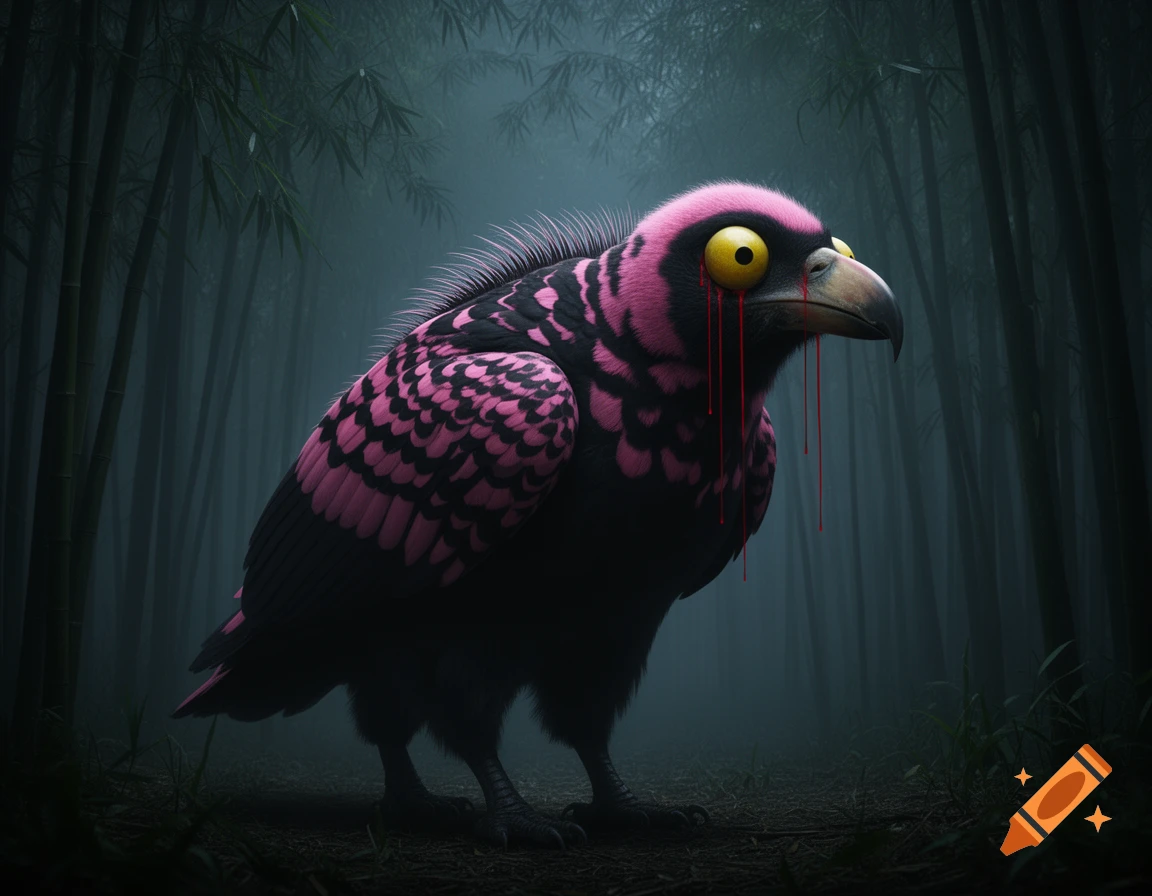 A dark pink and black bird-like fantasy creature with large yellow eyes and blood dripping from them stands in a foggy bamboo forest.