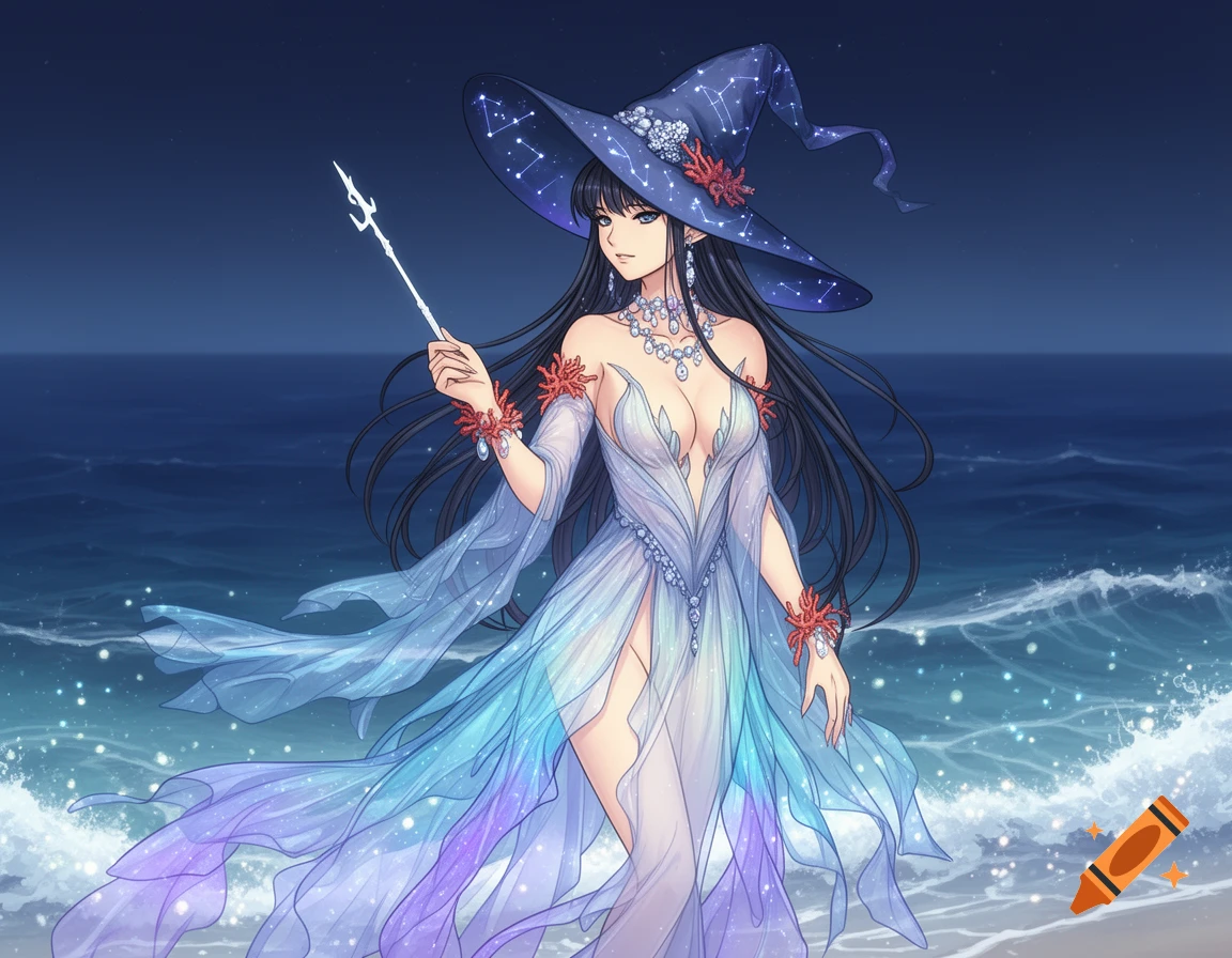 An anime-style sea elf wizard with dark hair, wearing a flowing blue-purple dress, a starry wizard hat, and holding a wand in the ocean.