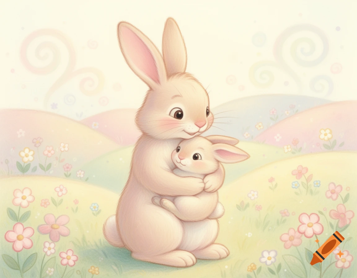 Mum Rabbit Cartoon A cute cartoon mother rabbit tenderly hugging a baby rabbit in a soft ...
