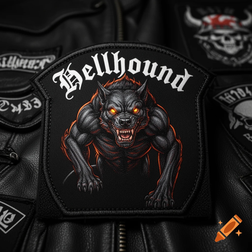 A black patch with a snarling grey hellhound illustration with glowing orange eyes and the word 'Hellhound' in white text, on a black leather jacket.