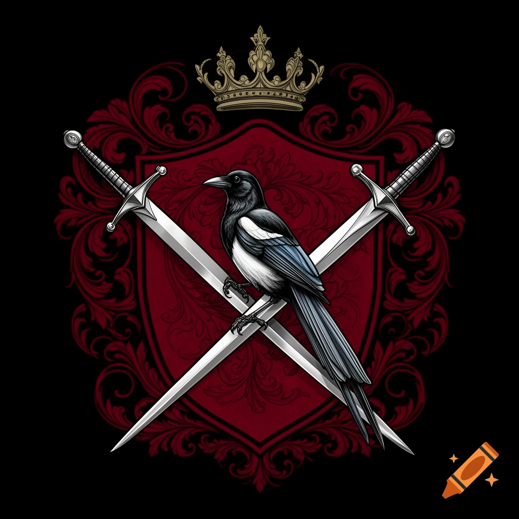 Elegant family coat of arms with a magpie, crossed swords, and a crown on a red and black ornate shield.