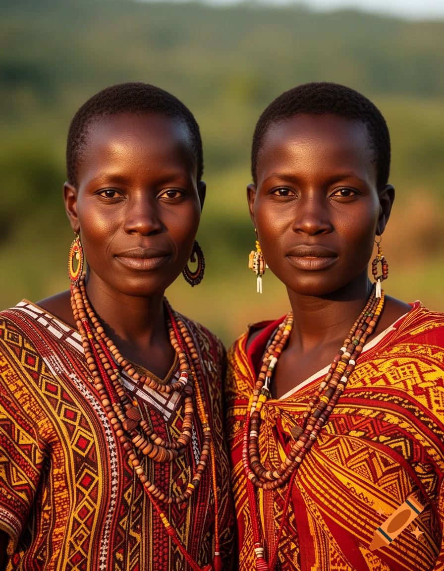 Photorealistic portrait of two African women in traditional patterned dresses and beaded jewelry, looking at the viewer with a blurred green background.