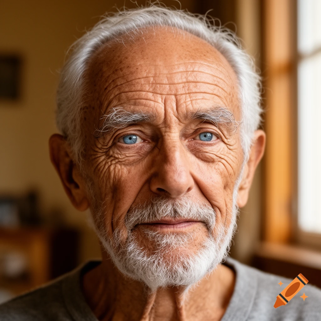 Photorealistic close-up portrait of an elderly man with white hair and beard, and bright blue eyes, looking ahead.