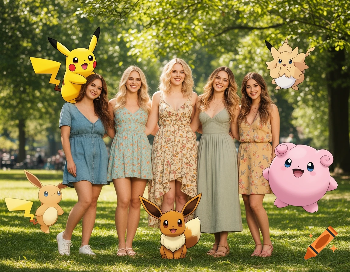 Five smiling women in a park, surrounded by various colorful cartoon Pokémon characters like Pikachu and Eevee.