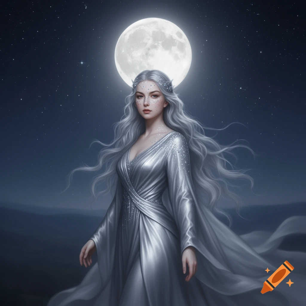 A fantasy portrait of a woman with long silver hair and glowing freckles, wearing a shimmering silver dress, under a full moon in a starry night.