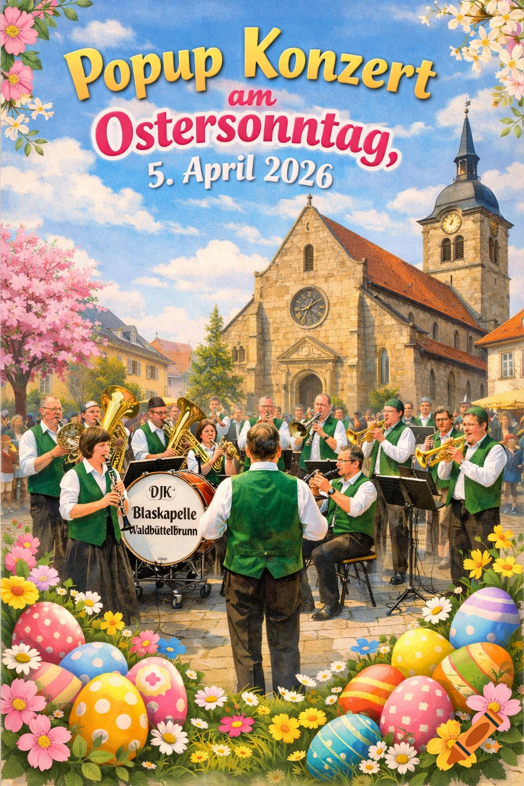 Concert poster for a brass band playing in a town square with a church, surrounded by spring flowers and colorful Easter eggs.