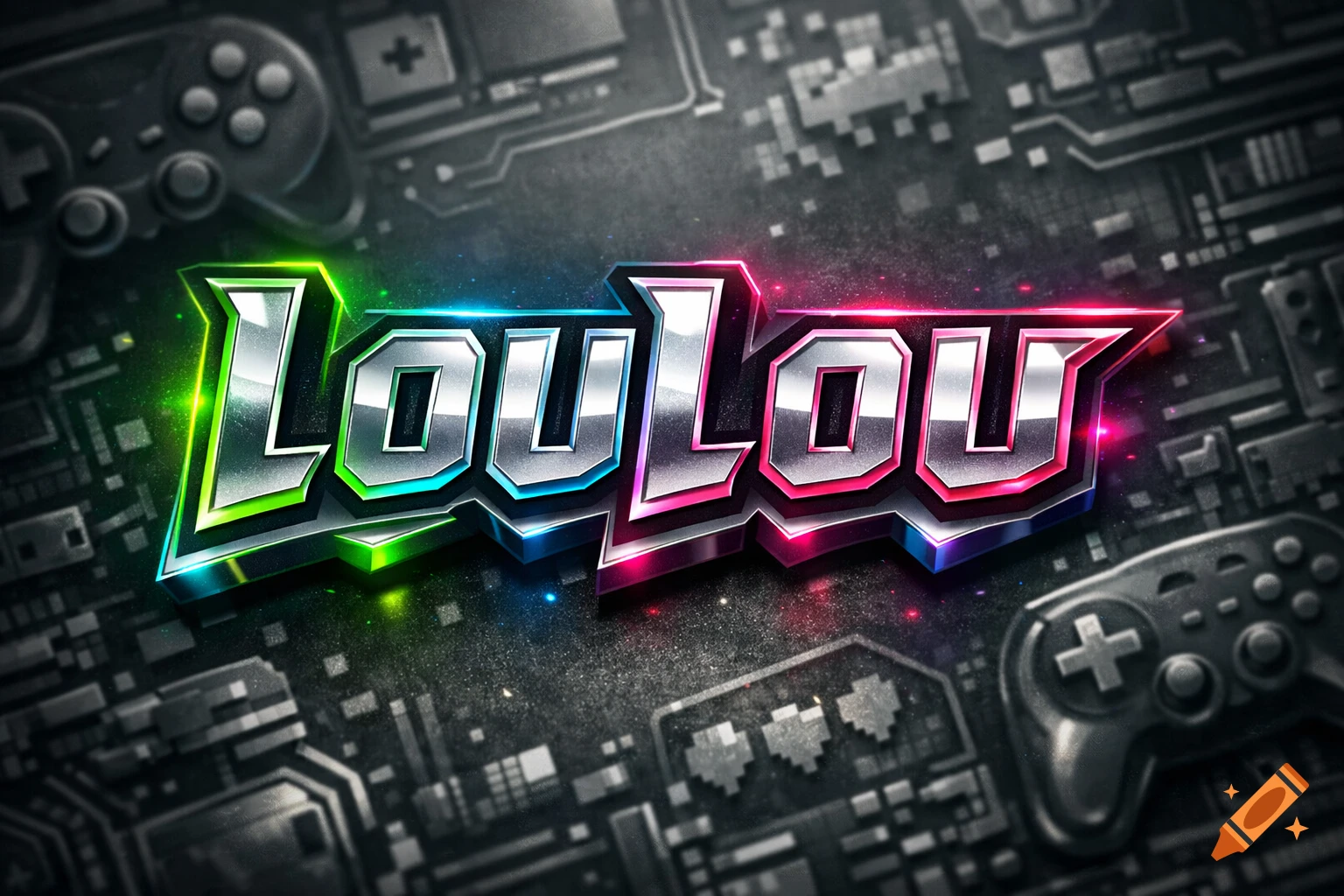 Gaming-themed 3D logo for 'LOULOU' with metallic letters and colorful glowing outlines, set against a dark circuit board background with game controllers.